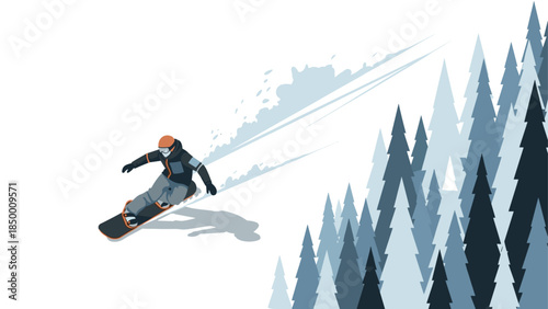 Isometric snowboarder racing downhill amidst snowy pine forest