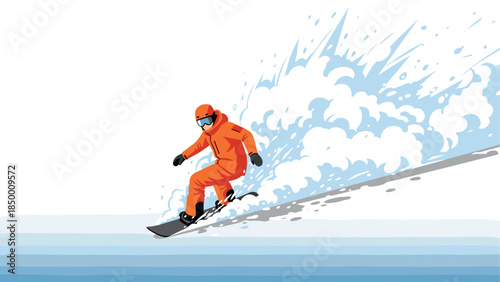 Dynamic snowboarder in orange gear carving through snowy slope