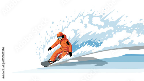 Snowboarder riding downhill in winter adventure scene with dynamic motion and snow splashes