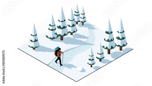 Winter hiking adventure in snowy pine forest isometric scene