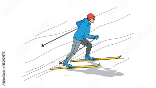 Dynamic cross country skiing scene with skier in vibrant winter gear