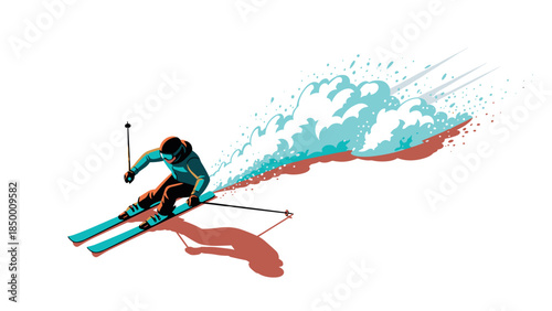 Dynamic skiing adventure with snow trail and vibrant colors