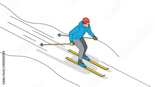 Isometric skier in motion on slope with snow trail and sportswear