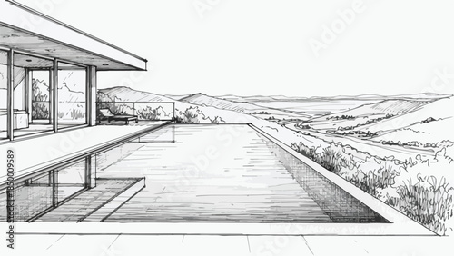 Modern luxury villa architecture with infinity pool and mountain landscape view sketch