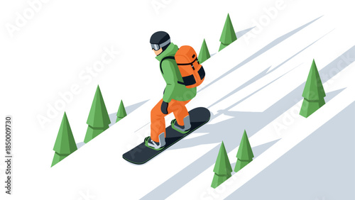 Snowboarder gliding down mountain slope in isometric style with evergreen trees