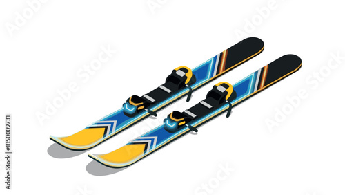 Isometric colorful skis with graphic design on white background