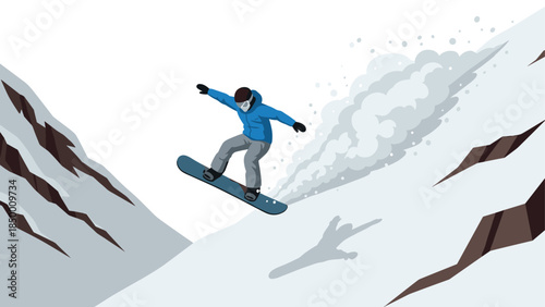 Snowboarder in blue jacket jumping on snowy mountain slope with cloudy sky
