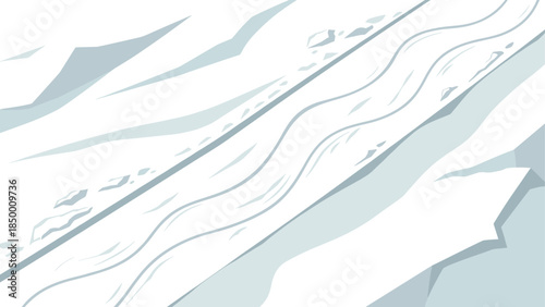 Snowy mountain peak with ski tracks and craggy patches in minimalist design