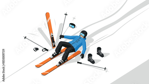 Colorful flat style skier in accident with equipment on snowy slope