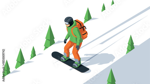Isometric snowboarder on mountain slope with pine trees and backpack