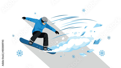 Snowboarder performing extreme stunt with dynamic winter effects and snowflakes