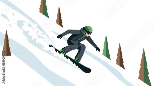 Snowboarder descending snowy slope in winter forest adventure scene