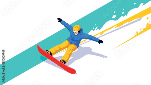 Dynamic winter sportsman on snowboard in vibrant minimalist design