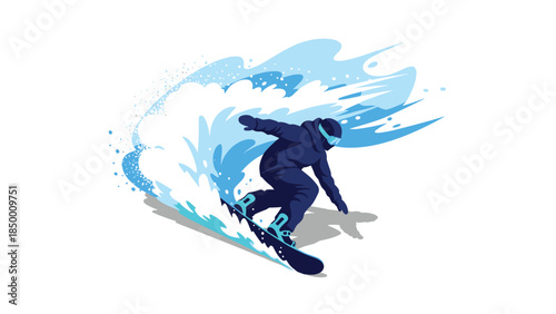 Snowboarder carving through fresh powder in dynamic winter sports scene