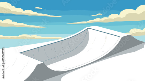 Vast snowy skatepark halfpipe under a clear blue sky with clouds