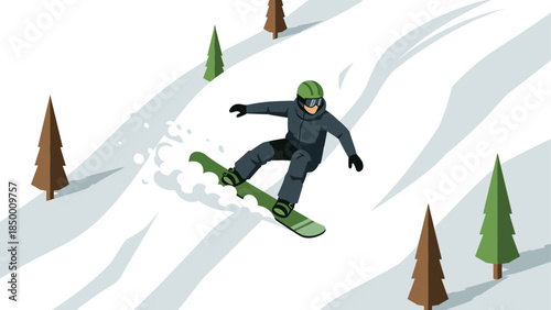 Snowboarder riding downhill in minimalist winter landscape with pine trees