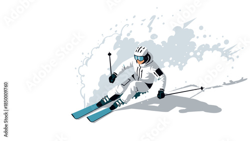 Dynamic skier in motion with snow splash in minimalist style