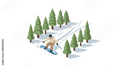 Isometric snowboarding adventure in winter forest scene with pine trees