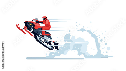 Dynamic winter adventure with speeding snowmobile and rider in motion