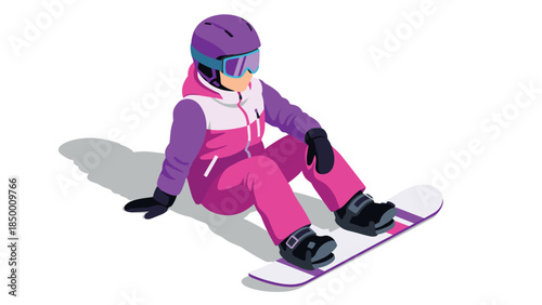 Colorful isometric snowboarder sitting on snow in winter gear