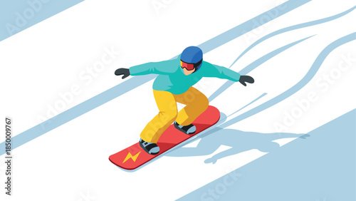 Snowboarder gliding down slope in vibrant isometric winter scene