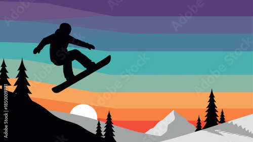 Silhouette of snowboarder jumping against colorful sunset mountain landscape