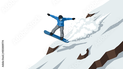 Snowboarding adventure: extreme downhill snowboarder in action on steep mountain slope
