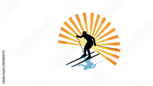 Silhouette of nordic skier against radiant sunburst background