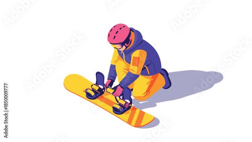 Colorful snowboarder preparing equipment in vibrant flat design