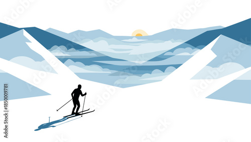 Silhouette skier in minimalist mountain landscape at sunrise