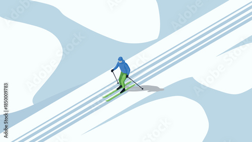 Skiing adventure in minimalist isometric winter landscape with tracks
