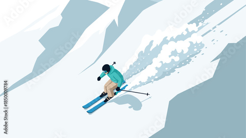 Alpine skiing adventure on steep slopes with dynamic snow trail