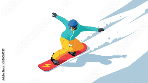 Snowboarder in bright gear descending mountain slope in dynamic isometric style