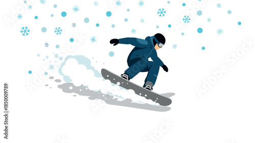 Snowboarder gliding through snowflakes in a dynamic flat winter scene