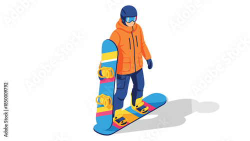 Colorful winter sports enthusiast holding snowboard in stylish gear