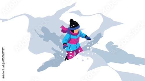 Colorful winter adventure with snowboarding child in fresh powder