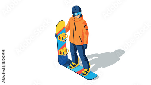 Isometric snowboarder in vibrant winter gear with shadow effect