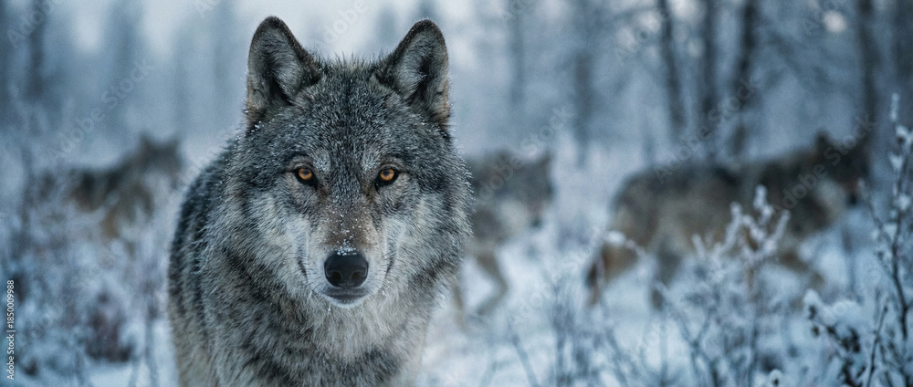 Obraz premium Close-up of an alpha wolf leading its pack in a snowy landscape
