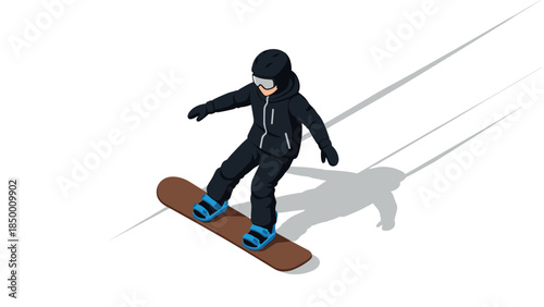 Isometric snowboarder in black gear gliding on snow with shadow effect
