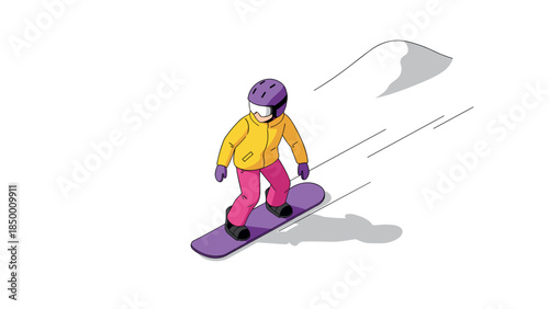 Snowboarder in colorful gear gliding downhill with minimalist design