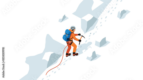 Climber ascending snowy mountain slope with ice axe in minimalist style