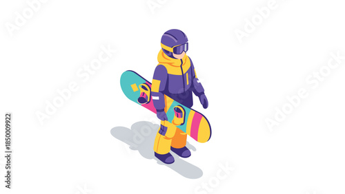 Colorful winter sports enthusiast holding snowboard in stylish isometric art