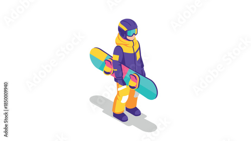Colorful isometric snowboarder in winter gear with snowboard on white background