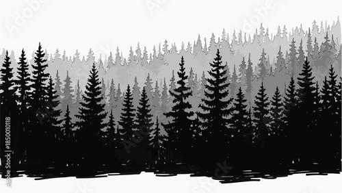 Dense evergreen forest silhouette in hand drawn minimal vector sketch style