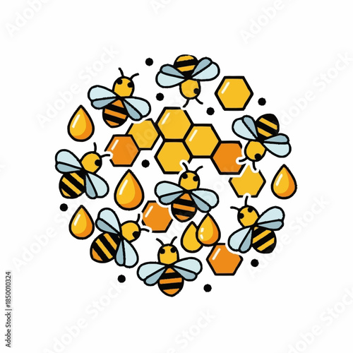 Cute cartoon bees and honeycombs in a circular arrangement.