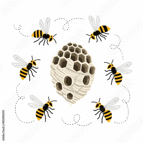 Detailed illustration of a wasp nest surrounded by active flying wasps.