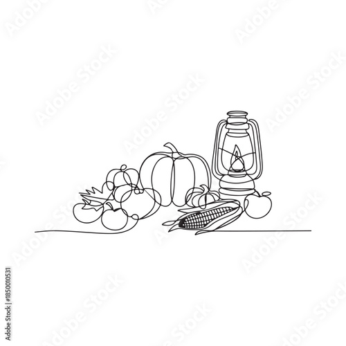 Autumn harvest still life with pumpkins corn and a vintage lantern