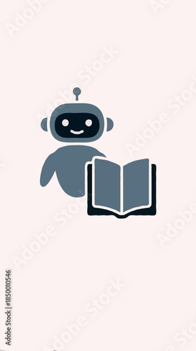Minimalistic robot icon reading a book: flat design, AI-powered learning symbol on soft beige background - education concept