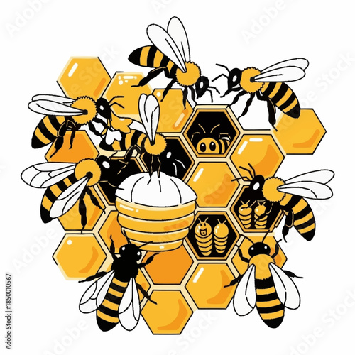 Busy bees working together in a vibrant honeycomb hive.