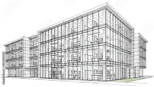 Modern office building architecture with glass facade and open plan design sketch